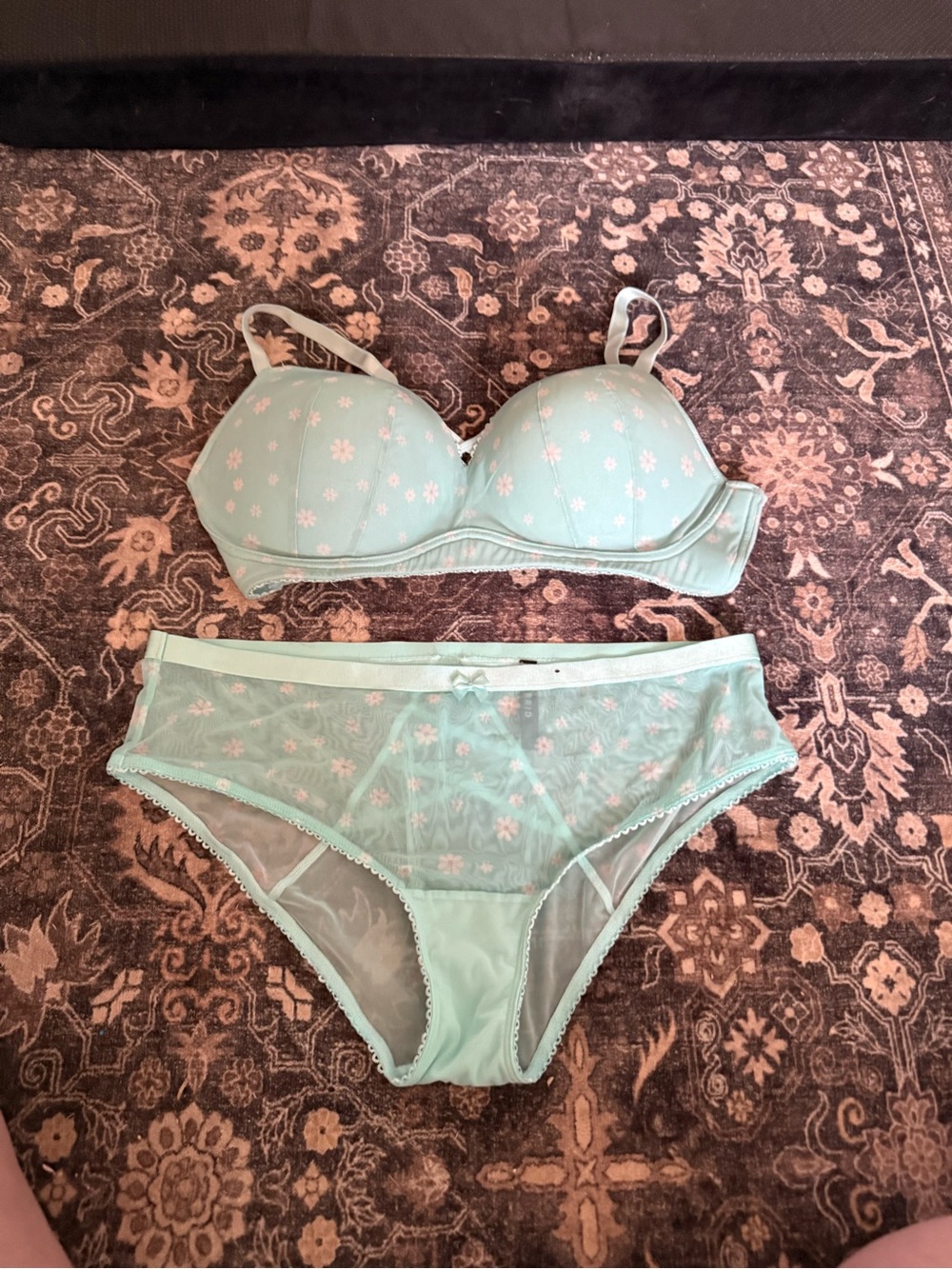 Floral Lace Light Mint Bra & Brief Set - Women's Intimates